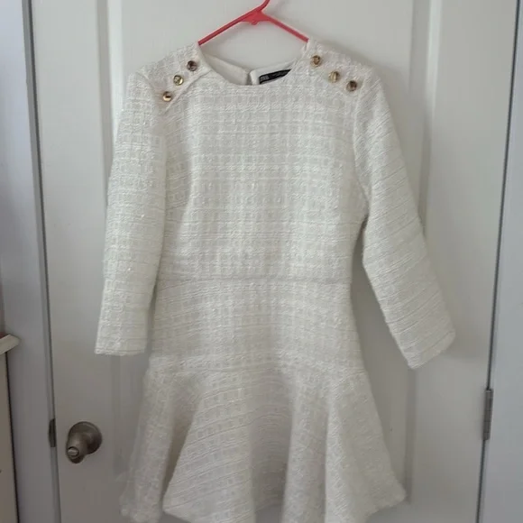 ZARA White Boucle Tweed Peplum Side Gold Button Structured Mini Dress Sz S NWOT - Picture 5 of 14